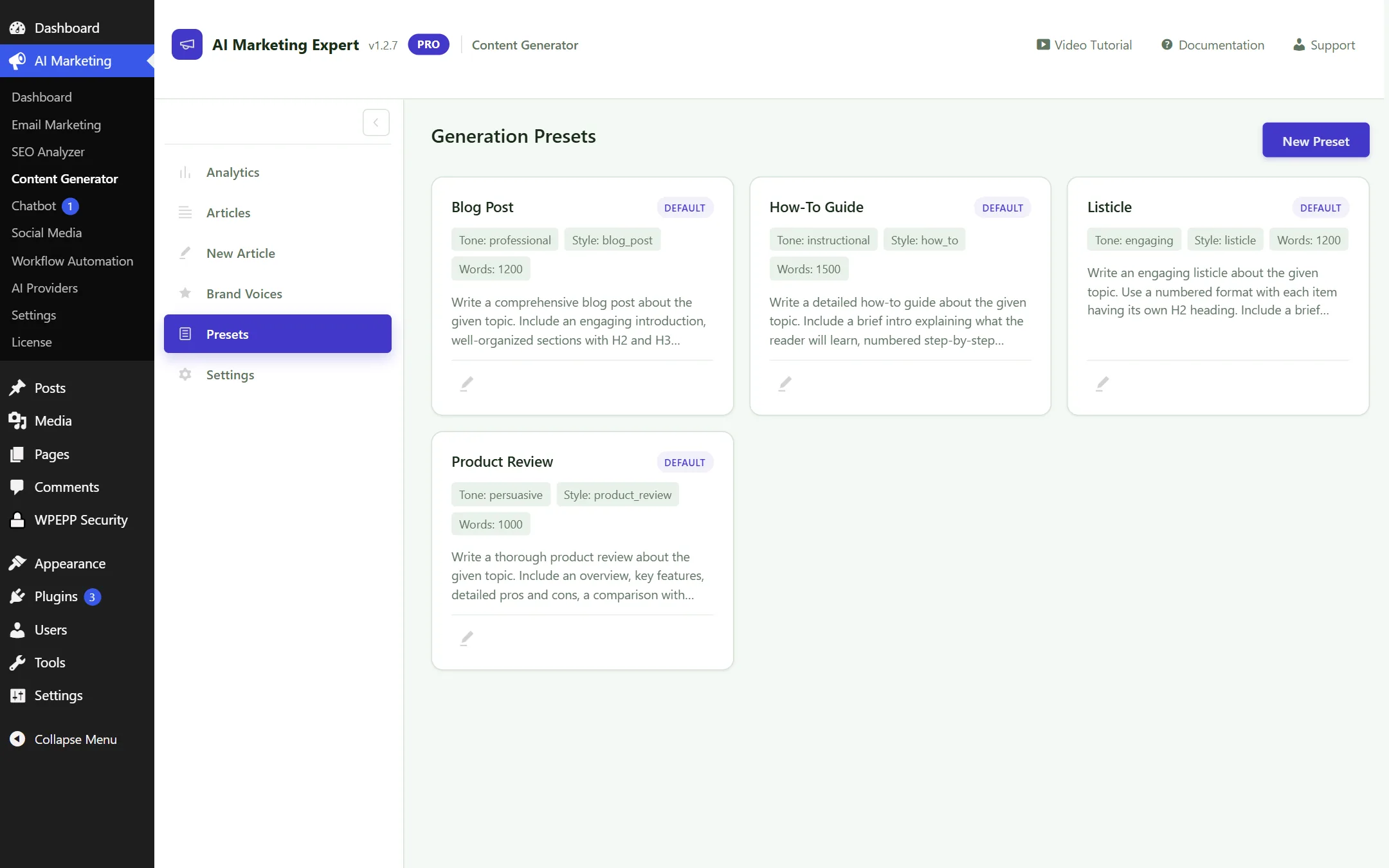 Content Presets Screen