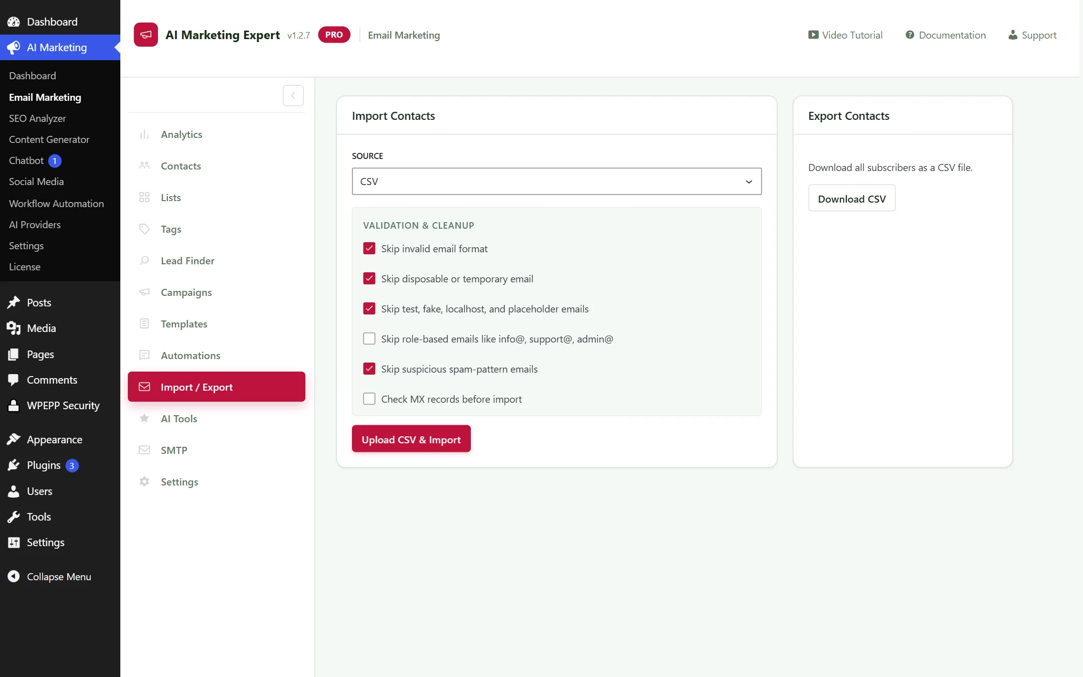 Email Import and Export View