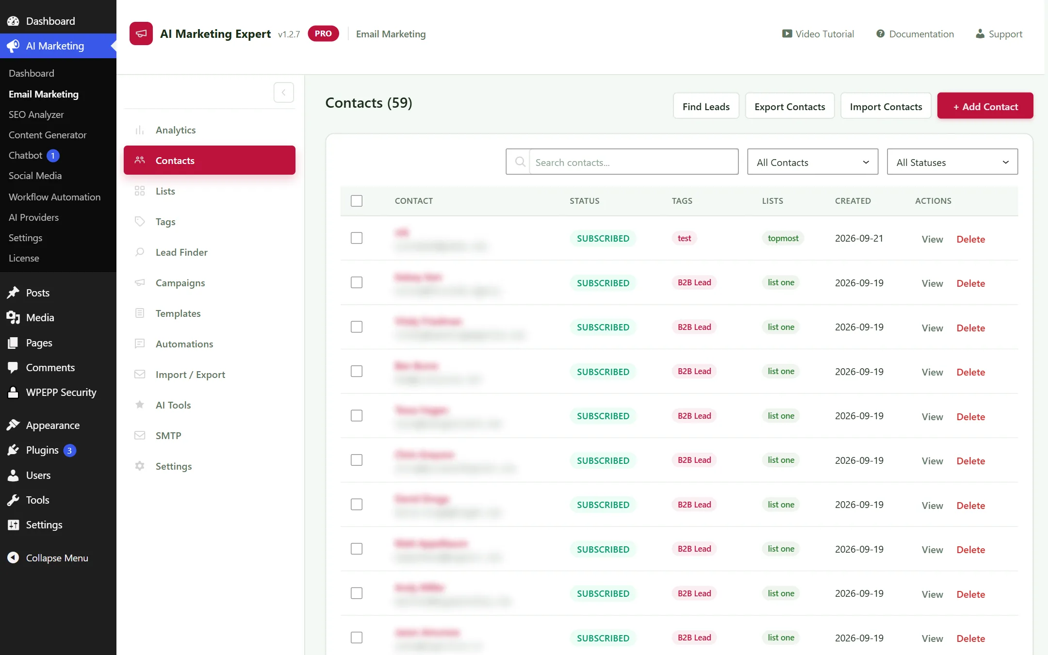 Contacts and Subscribers List Screen