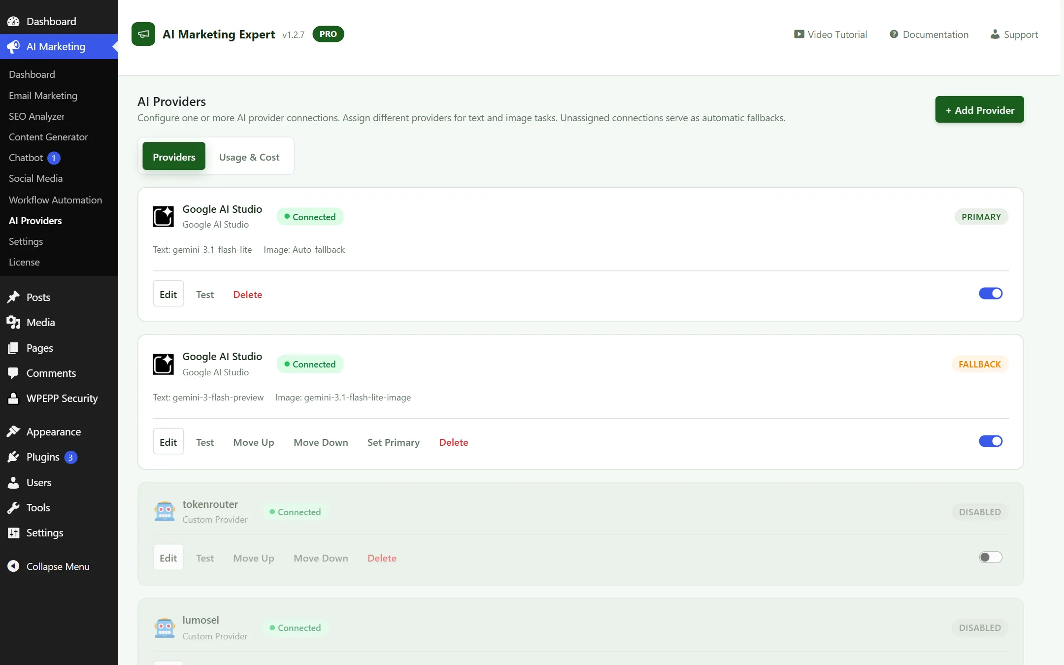 AI Providers Configuration Screen